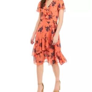 EUC MICHAEL by Michael Kors Midi Wrap Dress - Coral and Navy - Perfect Condition